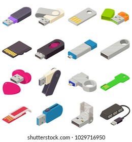 USB flash drive icons set. Isometric illustration of 16 USB flash drive vector icons for web