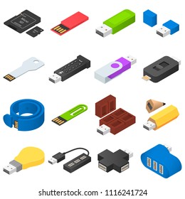 USB flash drive icons set. Isometric illustration of 16 USB flash drive vector icons for web