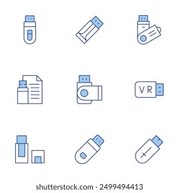 Usb flash drive icons set. Line Duotone style, editable stroke. memory stick, rugged USB drive, wireless USB drive, USB partition.