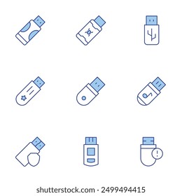 Usb flash drive icons set. Line Duotone style, editable stroke. flash memory, USB drive for Mac, USB storage management.