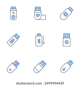 Usb flash drive icons set. Line Duotone style, editable stroke. data backup, USB drive for iPhone, USB drive performance.