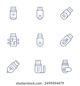 Usb flash drive icons set. Thin Line style, editable stroke. USB 3.0, secure drive, USB storage for phone, USB OTG cable, drive with password protection.