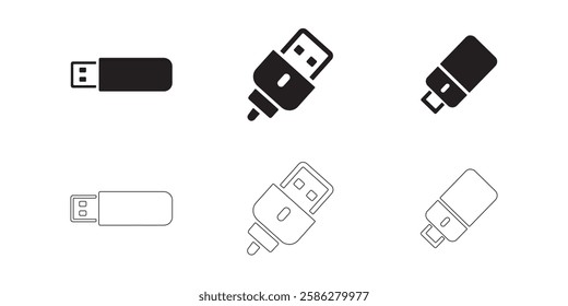 USB Flash Drive icons set simple clean and smooth lines and fill vector icons in black on a white background.
