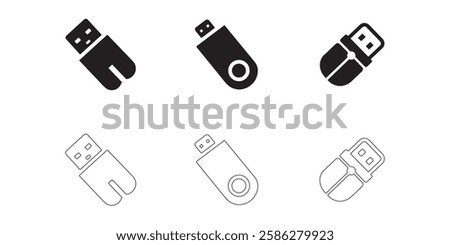 USB Flash Drive icons set simple clean and smooth lines and fill vector icons in black on a white background.
