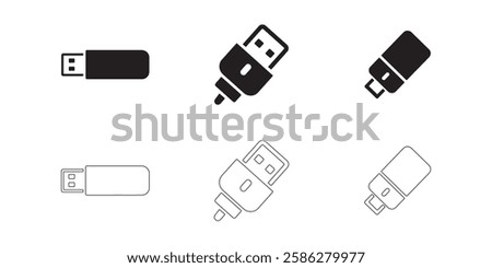 USB Flash Drive icons set simple clean and smooth lines and fill vector icons in black on a white background.
