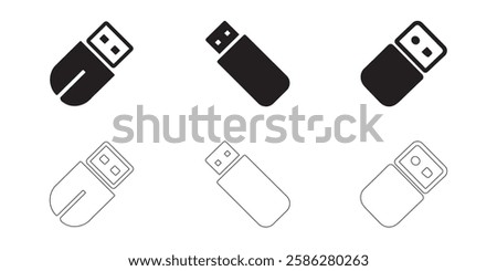 USB Flash Drive icons set simple clean and smooth lines and fill vector icons in black on a white background.
