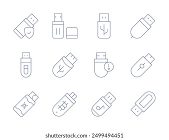 Iconos de la unidad flash USB. Estilo de línea delgada, trazo editable. Gestión de almacenamiento USB, unidad USB con protección de Contraseña, almacenamiento portátil.