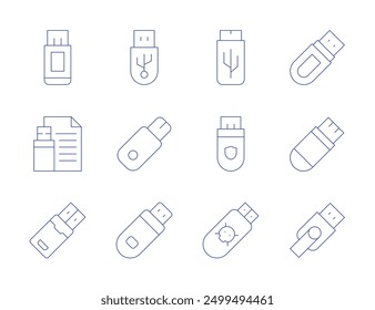 Iconos de la unidad flash USB. Estilo de línea delgada, trazo editable. Solución de problemas de la unidad USB, velocidad de la unidad USB, compatibilidad con la unidad USB.