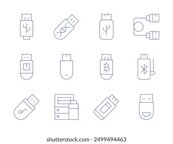 Iconos de la unidad flash USB. Estilo de línea delgada, trazo editable. Rendimiento de la unidad USB, cifrado de la unidad USB.