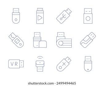 Iconos de la unidad flash USB. Estilo de línea delgada, trazo editable. Reparación de la unidad USB, unidad USB resistente, cable de extensión USB.