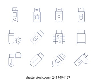 Iconos de la unidad flash USB. Estilo de línea delgada, trazo editable. Unidad de arranque USB, unidad USB dual, USB 3.0.