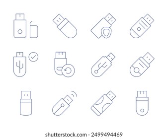 Iconos de la unidad flash USB. Estilo de línea delgada, carrera editable. unidad de pulgar, cable USB OTG, partición USB, software de cifrado, referencia de unidad USB.