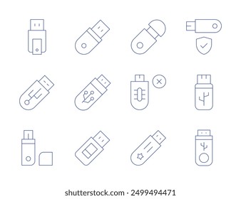 Iconos de la unidad flash USB. Estilo de línea delgada, trazo editable. Unidad USB para Mac, referencia de unidad USB.