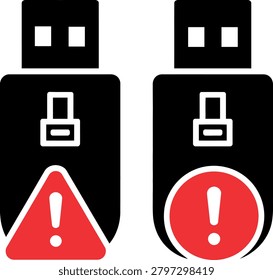 Usb flash drive icons with warning symbols in black and red design