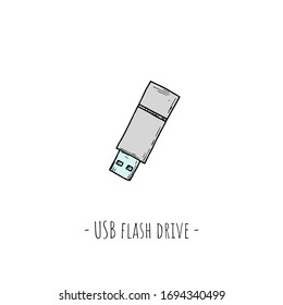 USB flash drive. Isolated object on a white background. Vector cartoon illustration. Hand-drawn style. 