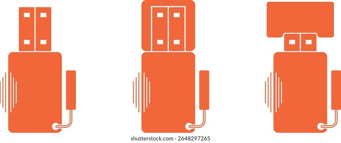USB flash drive for laptop and computer, USB flash drive without cover, USB flash drive in laptop socket. Vector icons