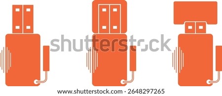 USB flash drive for laptop and computer, USB flash drive without cover, USB flash drive in laptop socket. Vector icons