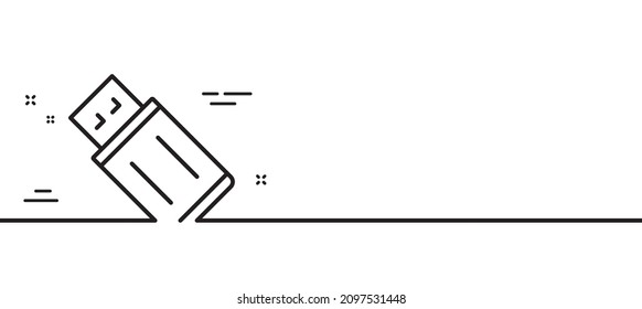 Icono de la línea de la unidad flash USB. Signo de Memory Stick. Símbolo de almacenamiento de datos portátil. Fondo mínimo de la ilustración de línea. Banner de patrón de icono de línea flash USB. Concepto de plantilla web blanca. Vector