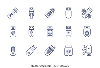 Conjunto de iconos de la línea de la unidad flash USB. Trazo editable. Ilustración vectorial. Que contiene usb, unidad flash, unidad flash usb, unidad usb, flashdisk, virus, datos, flashdrive, pendrive, computadora.