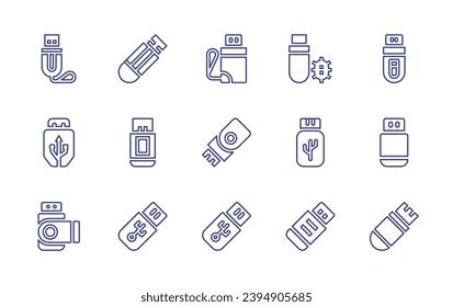 Conjunto de iconos de la línea de la unidad flash USB. Trazo editable. Ilustración vectorial. Contiene unidad flash, cable usb, usb, disco flash, unidad usb.