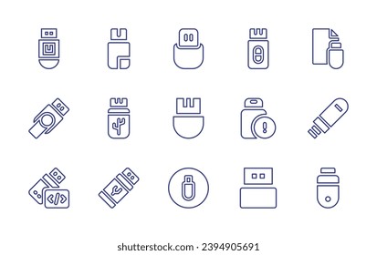 Conjunto de iconos de la línea de la unidad flash USB. Trazo editable. Ilustración vectorial. Con usb, unidad flash, usb, pluma, conector usb, pulgar, disco flash, pendrive.