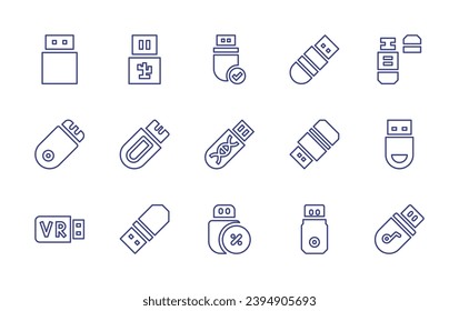 Conjunto de iconos de la línea de la unidad flash USB. Trazo editable. Ilustración vectorial. Contiene disco flash, usb, pen, flash drive, usb, open, flashdisk, pendrive.