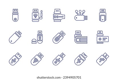 Conjunto de iconos de la línea de la unidad flash USB. Trazo editable. Ilustración vectorial. Contienen usb, usb flash drive, flash drive, usb, pen, flash disk, modem.