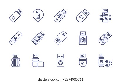 Conjunto de iconos de la línea de la unidad flash USB. Trazo editable. Ilustración vectorial. Contiene disco flash, unidad de lápiz, unidad flash, usb, pendrive, flashdrive.