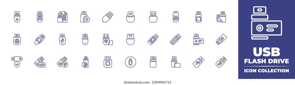 Colección de iconos de la línea de la unidad flash USB. Trazo editable. Ilustración vectorial. Contiene unidad flash usb, unidad usb, usb, unidad flash, pluma, pendrive.