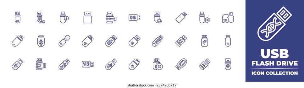 Colección de iconos de la línea de la unidad flash USB. Trazo editable. Ilustración vectorial. Contiene unidad flash, usb, unidad flash usb, cable, disco flash, lápiz, stick, flashdisk, almacenamiento.