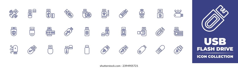 Colección de iconos de la línea de la unidad flash USB. Trazo editable. Ilustración vectorial. Contiene unidad flash, unidad flash usb, usb, lápiz, disco flash, flashdisk, módem usb, datos, pendrive.