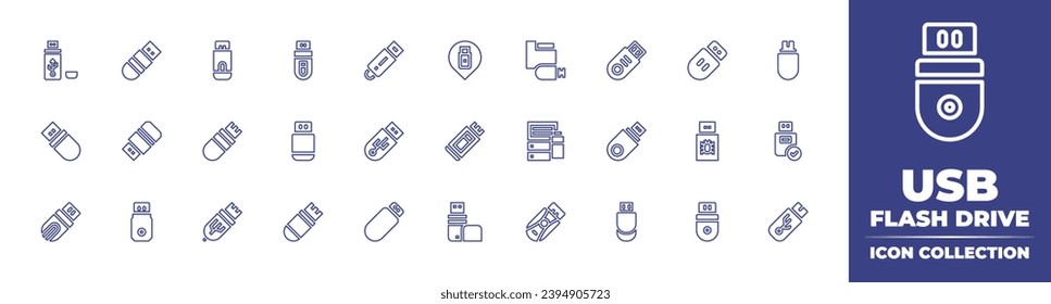 Colección de iconos de la línea de la unidad flash USB. Trazo editable. Ilustración vectorial. Contiene unidad flash, usb, unidad flash usb, disco flash, usb, computadora, animal, abierto, pluma, pendrive.