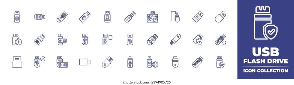 Colección de iconos de la línea de la unidad flash USB. Trazo editable. Ilustración vectorial. Con usb, unidad flash, unidad flash usb, pluma, usb, conector, pulgar, disco flash, pendrive.