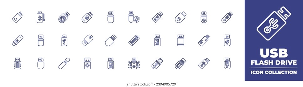 Colección de iconos de la línea de la unidad flash USB. Trazo editable. Ilustración vectorial. Contiene unidad flash, flashdisk, usb flash drive, usb, flash disk, pen, stick, virus, flashdrive.