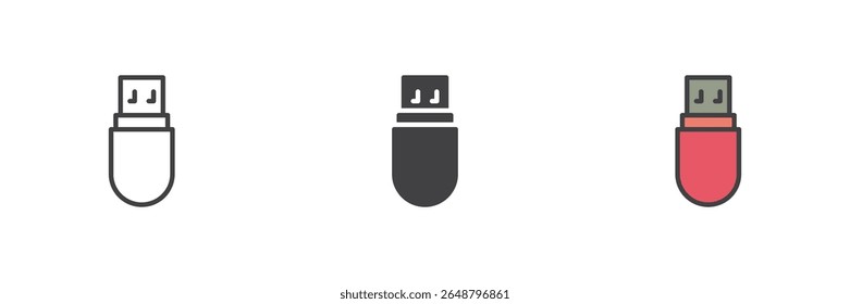 USB flash drive line icon, solid and filled outline colorful icon set featuring USB memory stick outline, solid USB icon and filled outline version as color vector sign symbol.