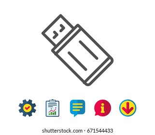 USB flash drive line icon. Memory stick sign. Portable data storage symbol. Report, Service and Information line signs. Download, Speech bubble icons. Editable stroke. Vector