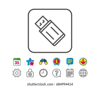 USB flash drive line icon. Memory stick sign. Portable data storage symbol. Calendar, Globe and Chat line signs. Binoculars, Award and Download icons. Editable stroke. Vector