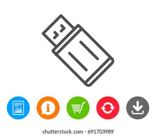 USB flash drive line icon. Memory stick sign. Portable data storage symbol. Report, Information and Refresh line signs. Shopping cart and Download icons. Editable stroke. Vector