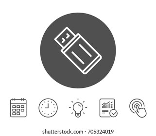 USB flash drive line icon. Memory stick sign. Portable data storage symbol. Report, Clock and Calendar line signs. Light bulb and Click icons. Editable stroke. Vector