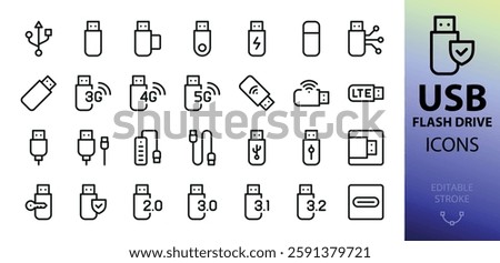 USB flash drive line icons. Set of 4g lte modem, usb stick security key, usb cable, type c port vector icon with editable stroke