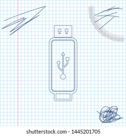 USB flash drive line sketch icon isolated on white background. Vector Illustration