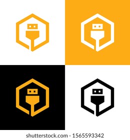 USB flash drive logo design template elements, hexagon shape vector illustration