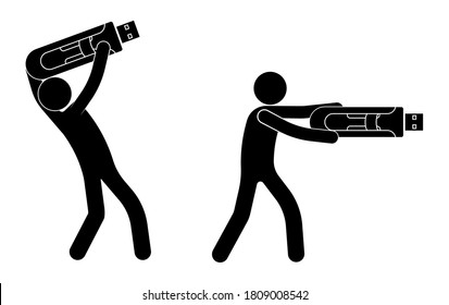 USB flash drive, memory card. Stick man inserts large USB stick. Media connection standard. Storage of information on removable media. Vector