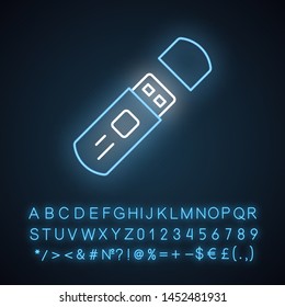 USB flash drive neon light icon. Glowing sign with alphabet, numbers and symbols. External data storage vector isolated illustration. Electronic device, PC accessory. Compact memory, cryptographic key