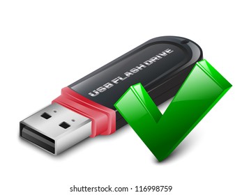 USB Flash Drive with OK sign. Vector