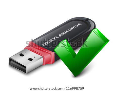 USB Flash Drive with OK sign. Vector