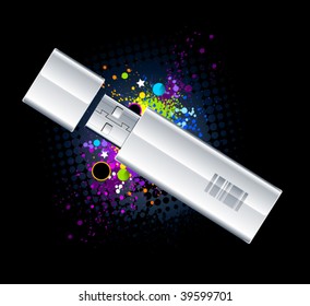 USB Flash Drive on graffiti background. Vector illustration.