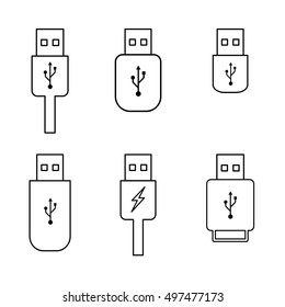 usb flash drive outline icons set on white background, thin line