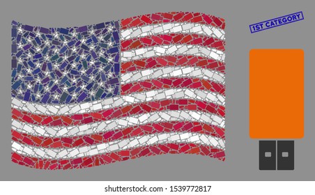 USB flash drive pictograms are organized into American flag abstraction with blue rectangle distressed stamp watermark of 1St Category phrase.