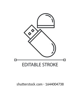 USB flash drive pixel perfect linear icon. Compact data storage device. Memory stick. Thumb drive. Thin line customizable illustration. Contour symbol. Vector isolated outline drawing. Editable stroke